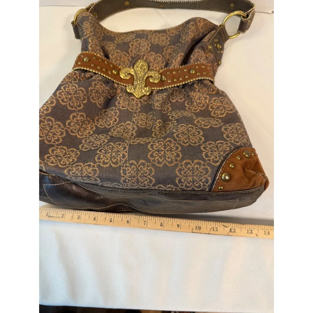 Kathy Van Zeeland Hobo Bag Large Brown Fleur De Lis Studded Y2K Boho Purse